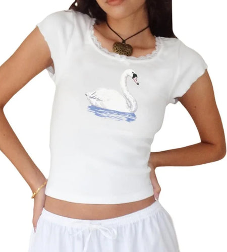 y2k Baby Tee Graphic Crop Top 2000s Women Lave Trim Round Neck Short Sleeve T Shirt Fairycore Clothing White Streetwear