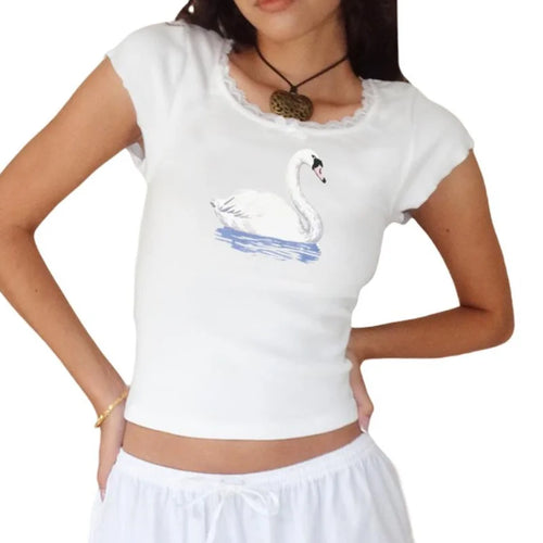 Load image into Gallery viewer, y2k Baby Tee Graphic Crop Top 2000s Women Lave Trim Round Neck Short Sleeve T Shirt Fairycore Clothing White Streetwear

