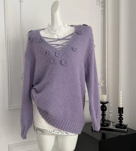 French Women Purple Long Sleeve Knitted Pullover V-neck Fashion Sweater Autumn Winter Grey Flower Decorate Tops 2025 Clothing