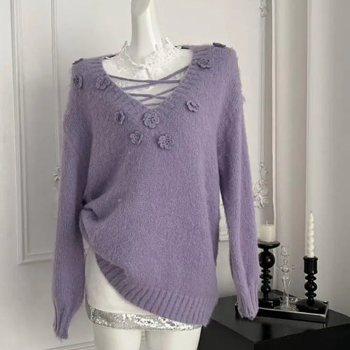 Load image into Gallery viewer, French Women Purple Long Sleeve Knitted Pullover V-neck Fashion Sweater Autumn Winter Grey Flower Decorate Tops 2025 Clothing
