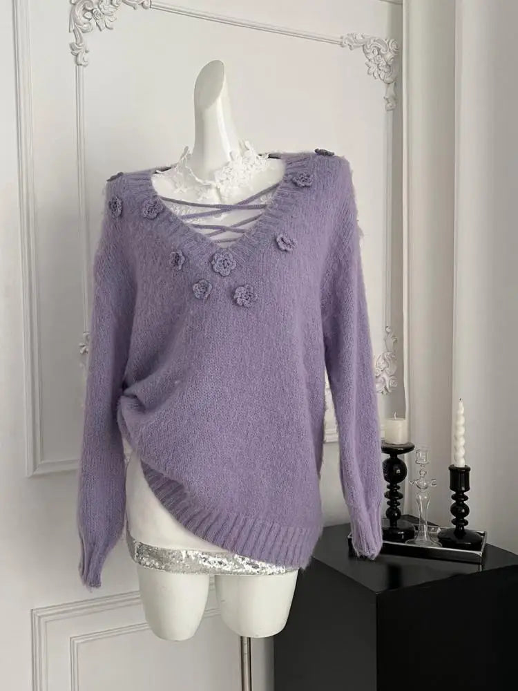 French Women Purple Long Sleeve Knitted Pullover V-neck Fashion Sweater Autumn Winter Grey Flower Decorate Tops 2025 Clothing
