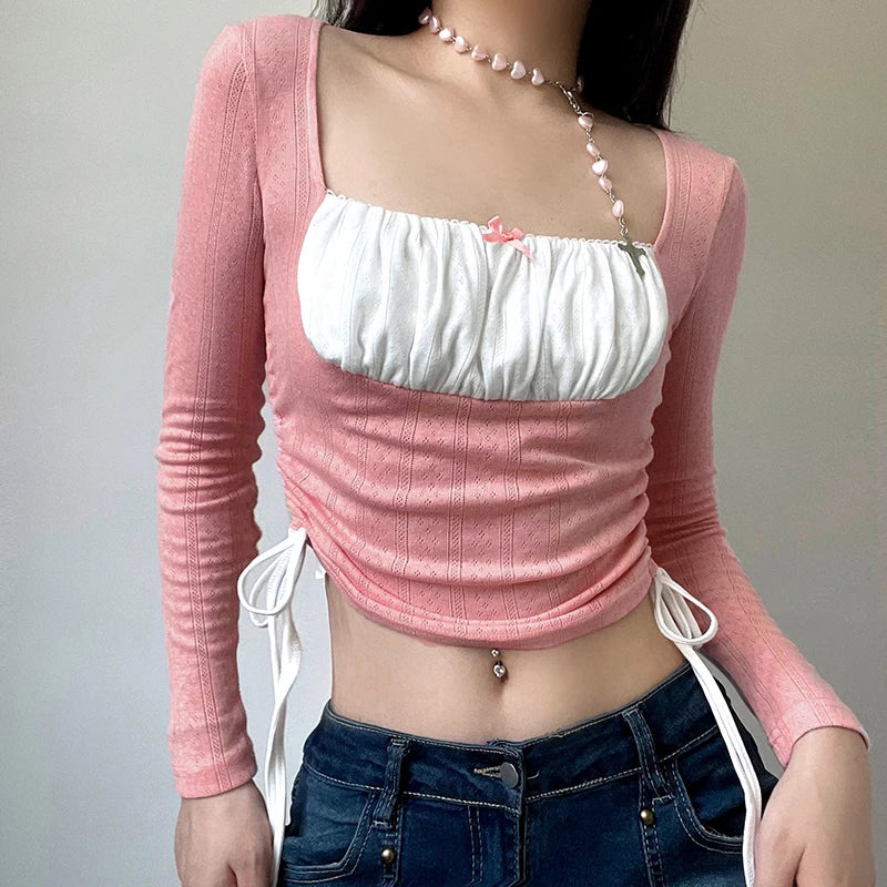 Sweet Pink Fold Patched Autumn Tee Shirts Slim Drawstring Square Neck Crop Top Women Tshirts Coquette Clothes Bow Y2K