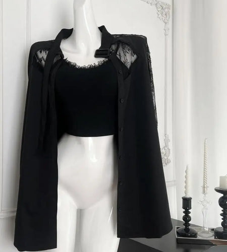 Women's Black Patchwork Lace Single Breasted Cotton Shirt Spring Autumn Long Sleeve Loose Blouses Office Lady Elegant Tops Trend