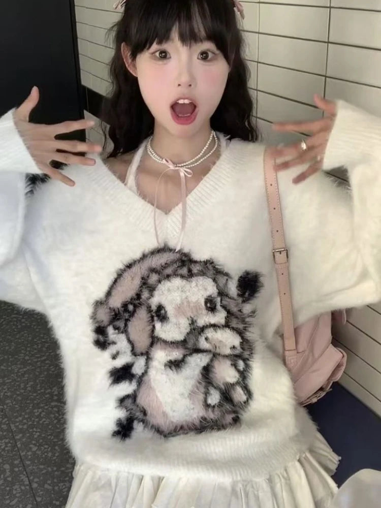 2025 Preppy Style Grunge Sweater Harajuku  Oversize Fur Autumn Grunge Pullover Cartoon Jacquard Kawaii Cute Loose Women Jumpers