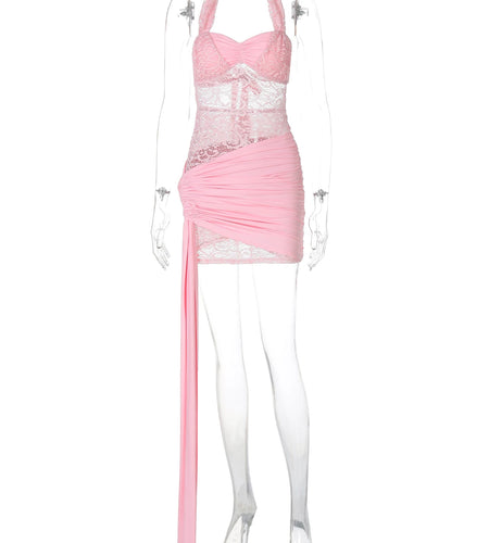 Pink Ruched Halter Patchwork Lace Shirring Sexy See Through Mini Dress Summer Women Fashion Outfits Beach Vacation