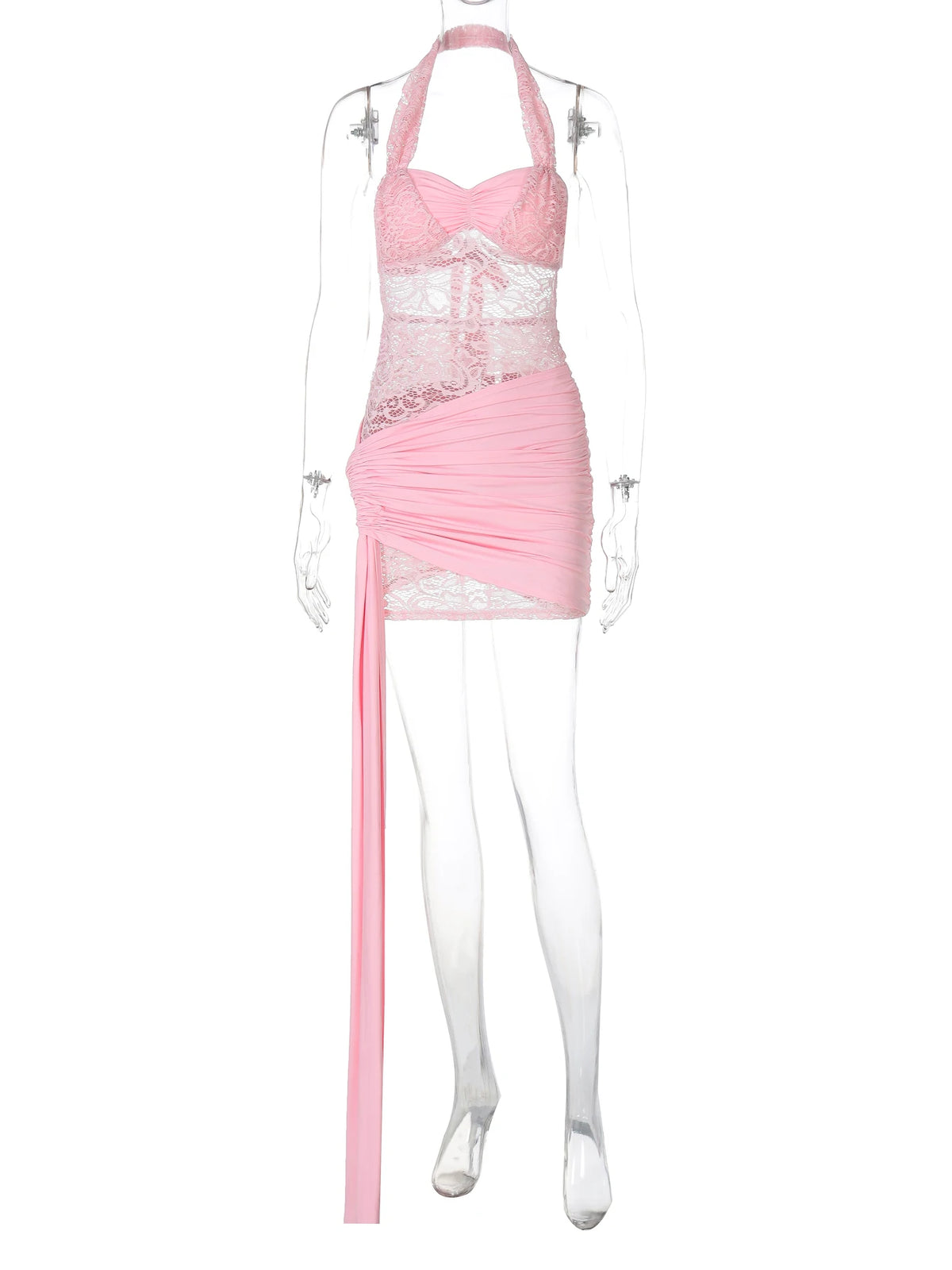 Pink Ruched Halter Patchwork Lace Shirring Sexy See Through Mini Dress Summer Women Fashion Outfits Beach Vacation