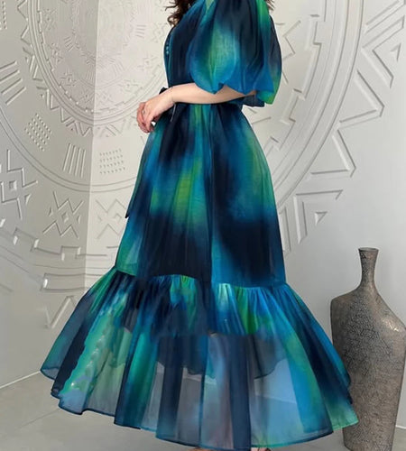 Hit Color Spliced Lace Up Loose Dresses For Womne O Neck Half Sleeve High Waist Long Dress Female Fashion Style New