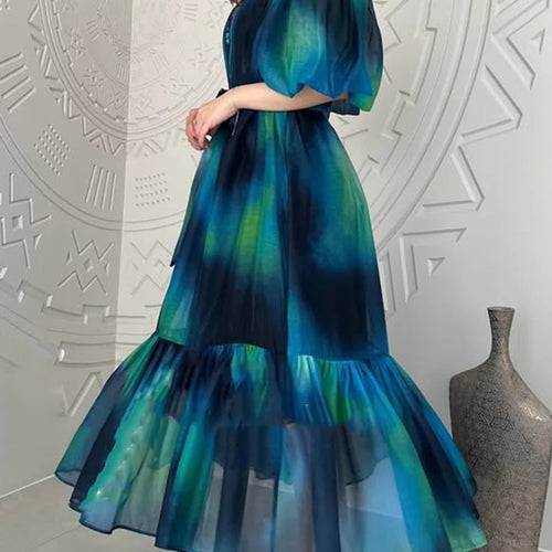 Load image into Gallery viewer, Hit Color Spliced Lace Up Loose Dresses For Womne O Neck Half Sleeve High Waist Long Dress Female Fashion Style New
