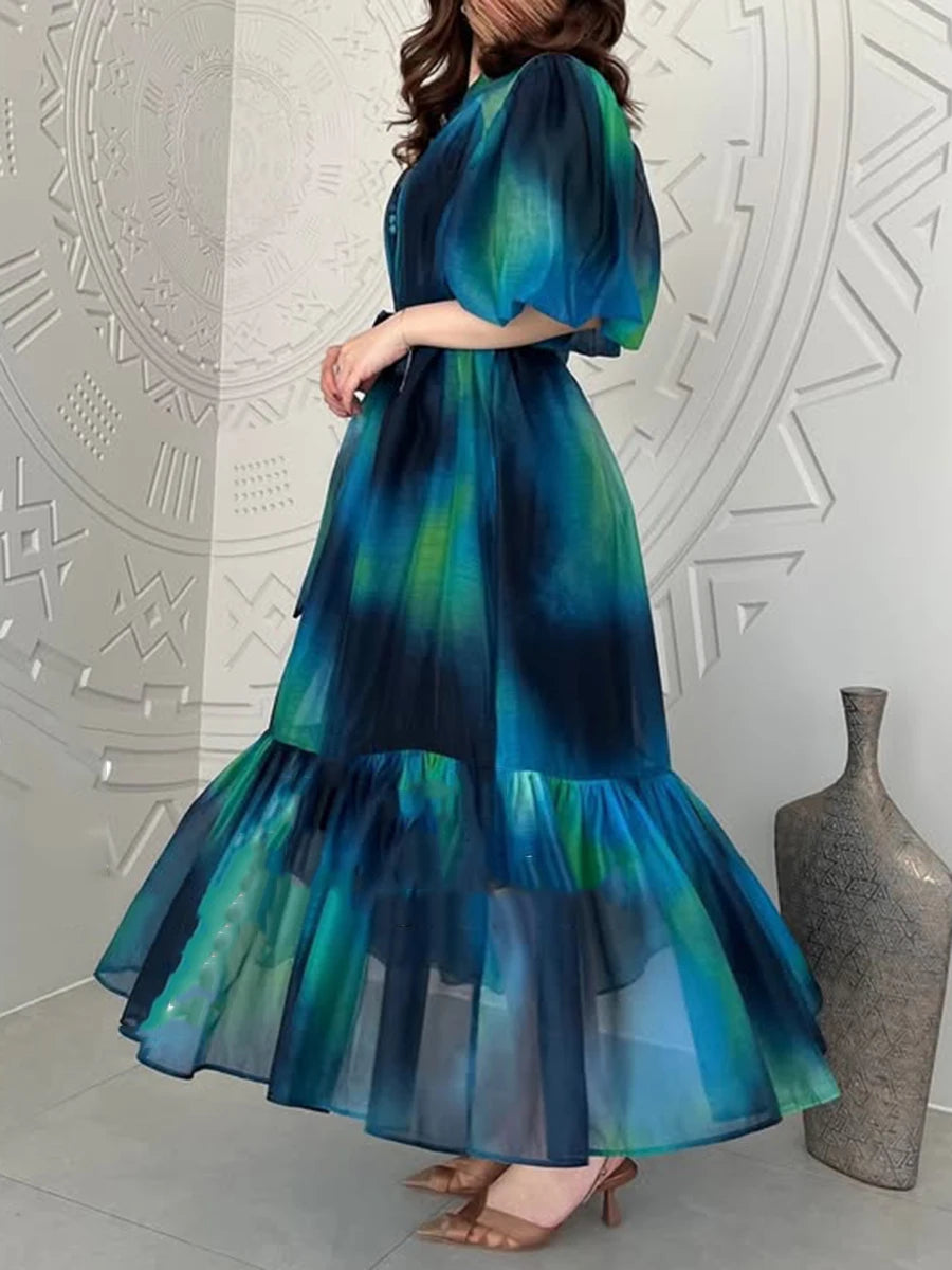 Hit Color Spliced Lace Up Loose Dresses For Womne O Neck Half Sleeve High Waist Long Dress Female Fashion Style New