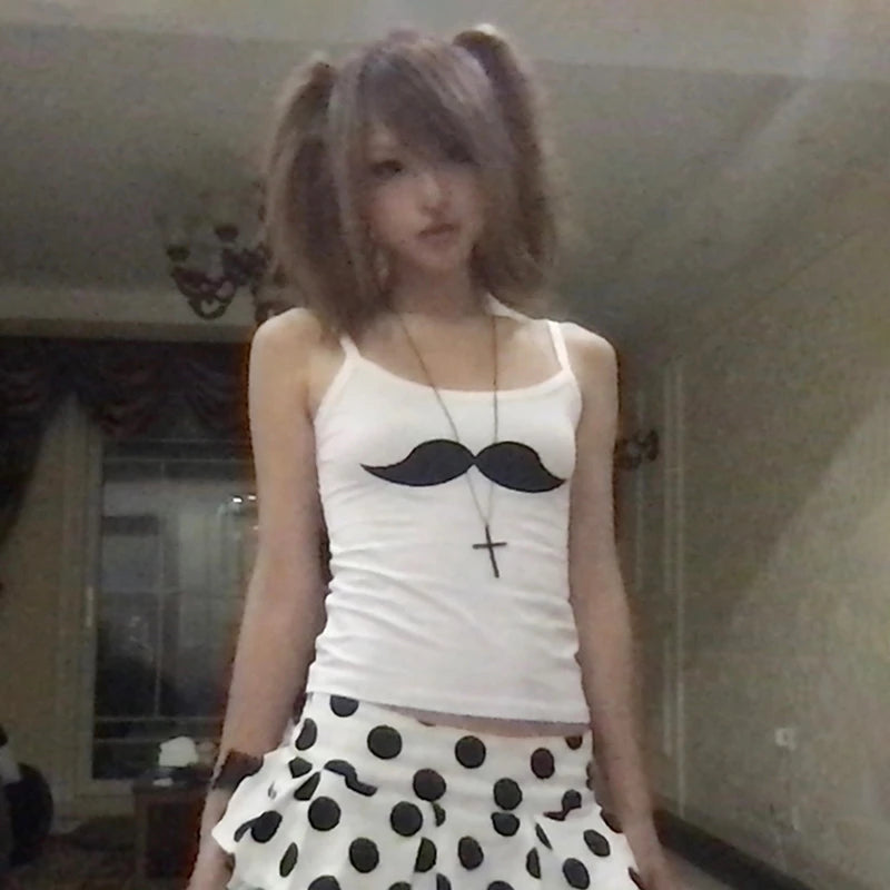 Japanese Y2k Beard Print Tank Top Trashy 2000s Style White Camisole Vintage Harajuku Cami Tops American Retro Crop Top