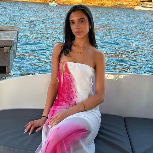 Load image into Gallery viewer, Mesh Floral Print Sexy Maxi Dress For Women Gown Off-shoulder Strapless Sleeveless Backless Bodycon Club Long Dress
