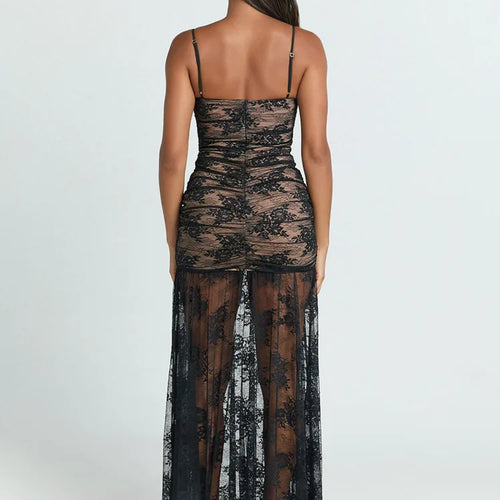 Load image into Gallery viewer, Spaghetti Strap Lace Sexy Maxi Dress For Women Gown Black Sleeveless Backless Thigh High Split Bodycon Long Dress
