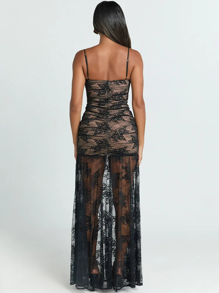 Spaghetti Strap Lace Sexy Maxi Dress For Women Gown Black Sleeveless Backless Thigh High Split Bodycon Long Dress