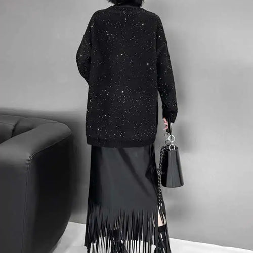 Load image into Gallery viewer, Black Sequins Slit Big Size Knitting Sweater V-Neck Long Sleeve Women Pullovers New Fashion Spring Autumn 2025 1DH9222
