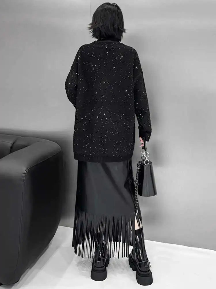 Black Sequins Slit Big Size Knitting Sweater V-Neck Long Sleeve Women Pullovers New Fashion Spring Autumn 2025 1DH9222