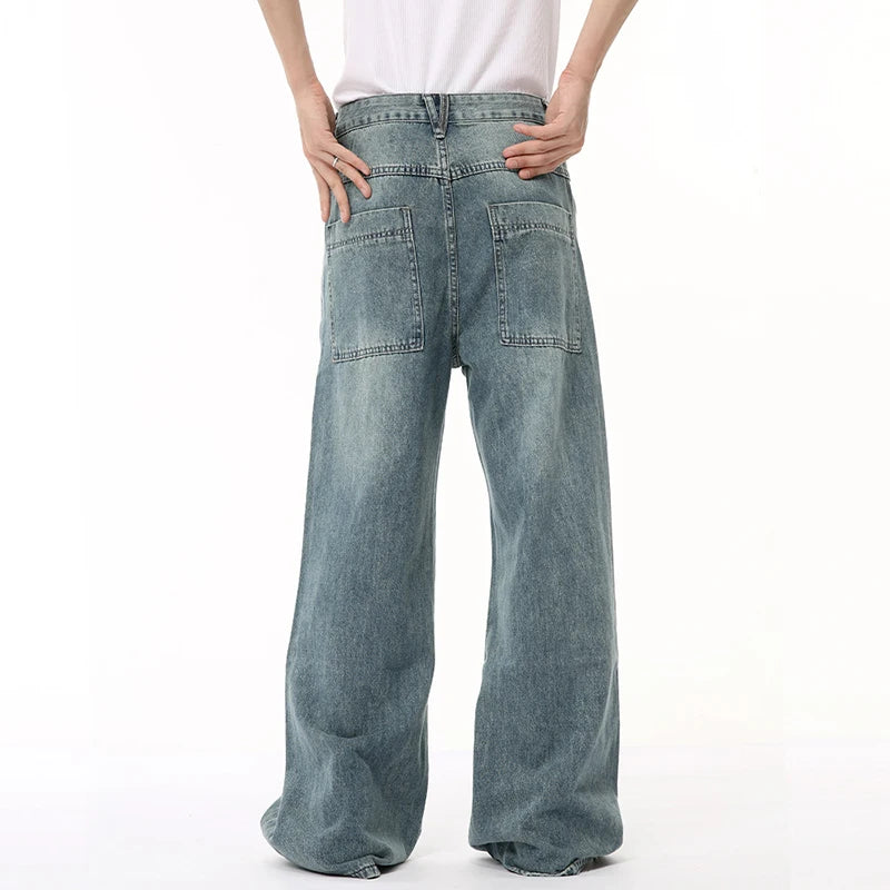 Korean Style Male Denim Pants Draping Straight Wide Leg Loose Washed Men's Casual Jeans New Summer Trendy 9C6676