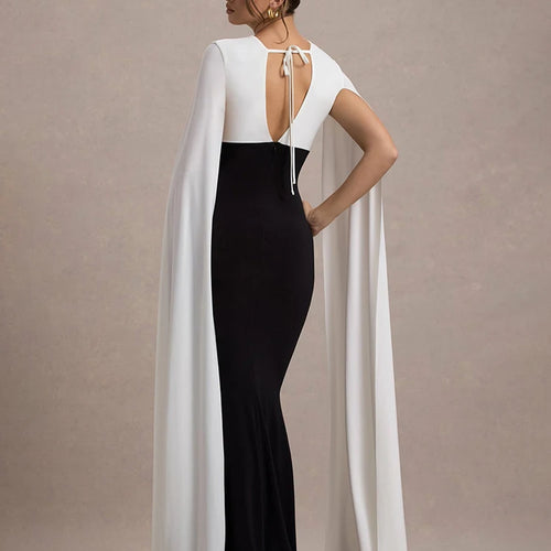 Load image into Gallery viewer, Cape Sleeve V Neck Sexy Maxi Dress For Women White Black Patchwork Backless Bodycon Evening Sexy Long Dress Elegant
