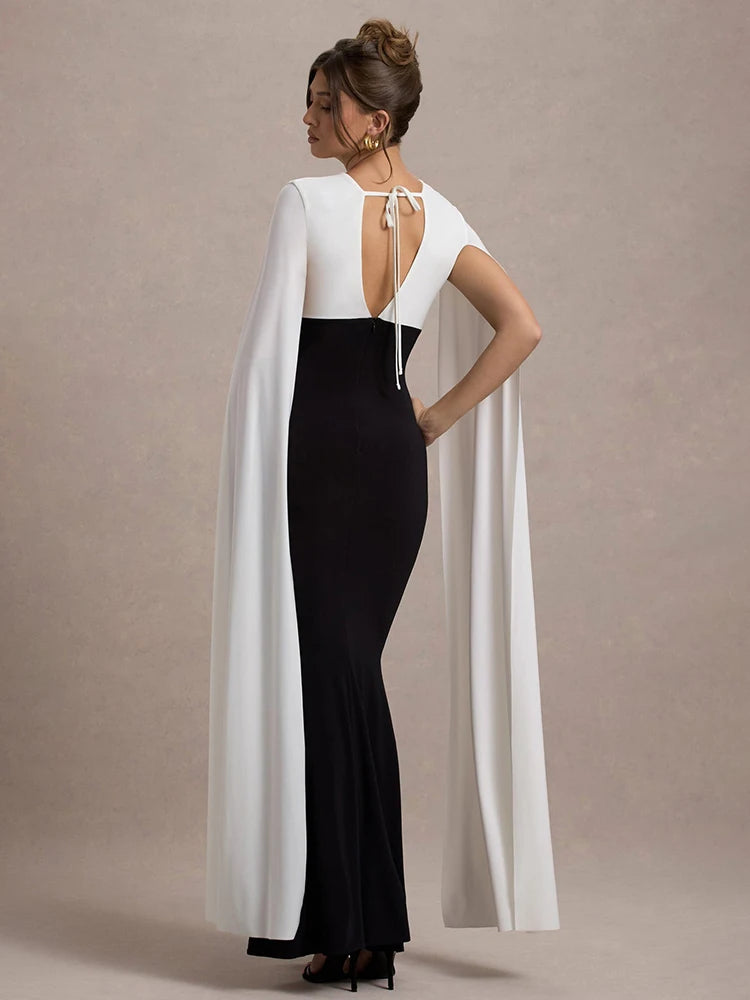Cape Sleeve V Neck Sexy Maxi Dress For Women White Black Patchwork Backless Bodycon Evening Sexy Long Dress Elegant