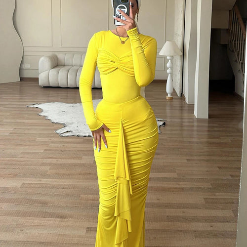 Load image into Gallery viewer, Elegant Long Sleeved Elastic Tight Pleated Party Club Evening Dress Women Fashion Maxi Vestido Autumn Winter New Female
