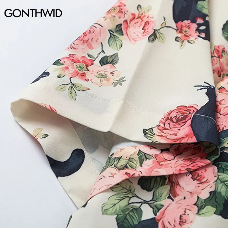 Men Oversized Hawaiian Shirts Black Cat Floral Graphic Print Button Up Blouse 2024 Harajuku Loose Short Sleeve Summer Beach Tops