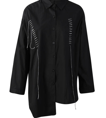 Women Black Topstitched Irregular Big Size Blouse New Lapel Long Sleeve Shirt Fashion Tide Spring Autumn 2025 30A2056