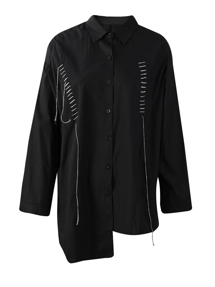 Women Black Topstitched Irregular Big Size Blouse New Lapel Long Sleeve Shirt Fashion Tide Spring Autumn 2025 30A2056