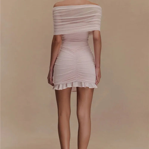 Load image into Gallery viewer, Mesh Strapless Off-shoulder Sexy Ruffled Mini Dress For Women Fashion Backless High Waist Female Ruched Party Dress
