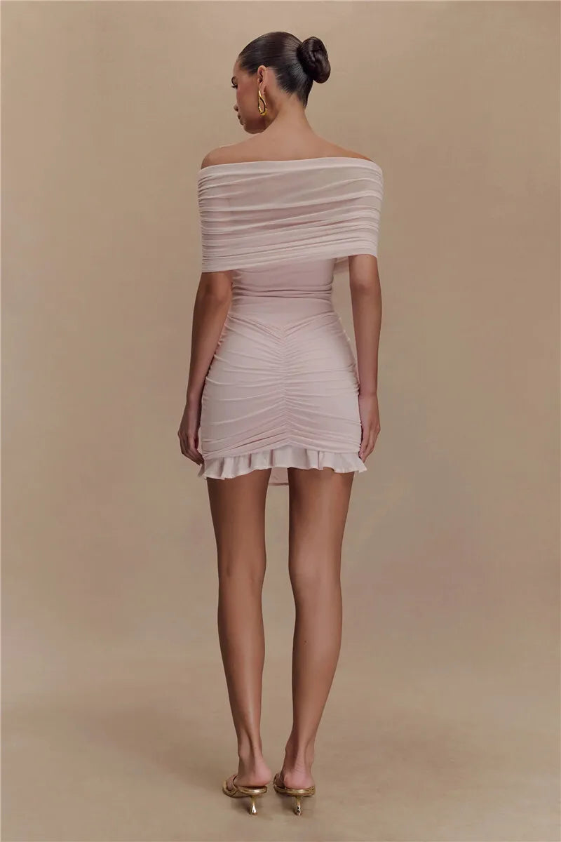 Mesh Strapless Off-shoulder Sexy Ruffled Mini Dress For Women Fashion Backless High Waist Female Ruched Party Dress