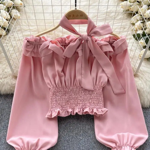 Load image into Gallery viewer, Women Sweet Sexy Club Bow Halter Blouse Off Shoulder Long Sleeve Solid Pleated Shirt Long Sleeve Short Ruffle Tops Spring Autumn
