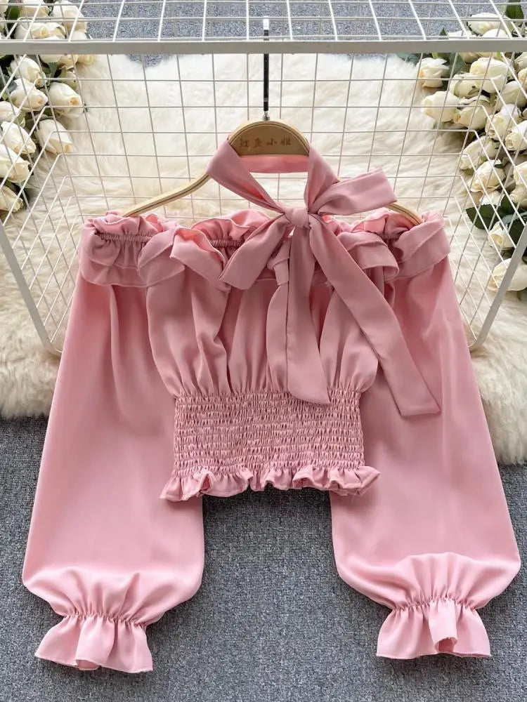 Women Sweet Sexy Club Bow Halter Blouse Off Shoulder Long Sleeve Solid Pleated Shirt Long Sleeve Short Ruffle Tops Spring Autumn