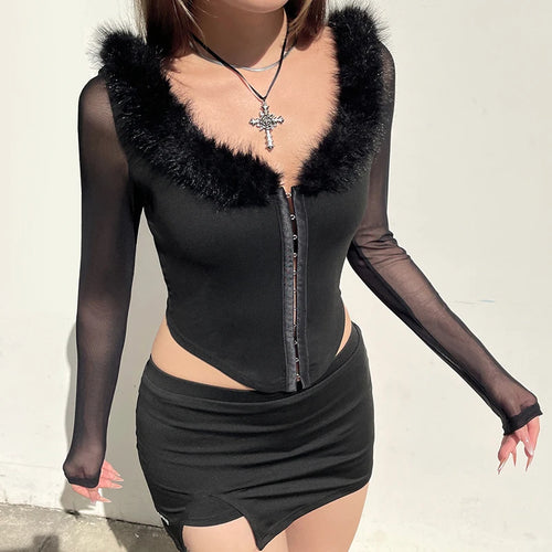 Load image into Gallery viewer, Chic Faux Fur Trim Collar Row Hook T-shirts Women Mesh Sleeve Patchwork Skinny Curve Hem Cropped Tops Streetwear New
