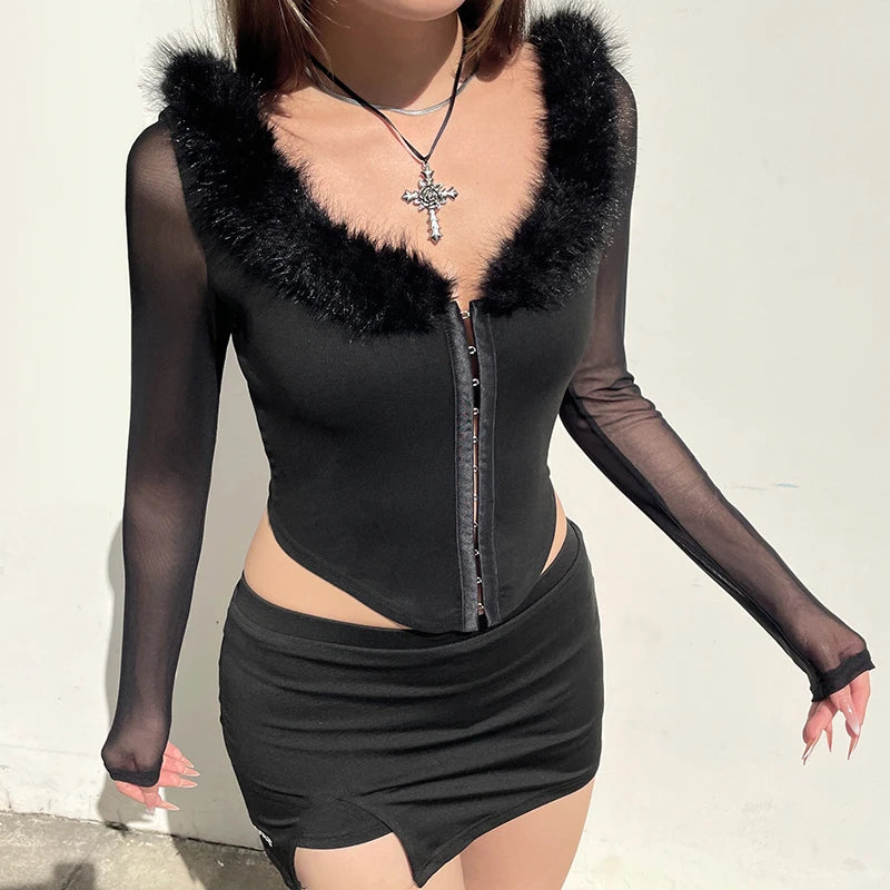 Chic Faux Fur Trim Collar Row Hook T-shirts Women Mesh Sleeve Patchwork Skinny Curve Hem Cropped Tops Streetwear New