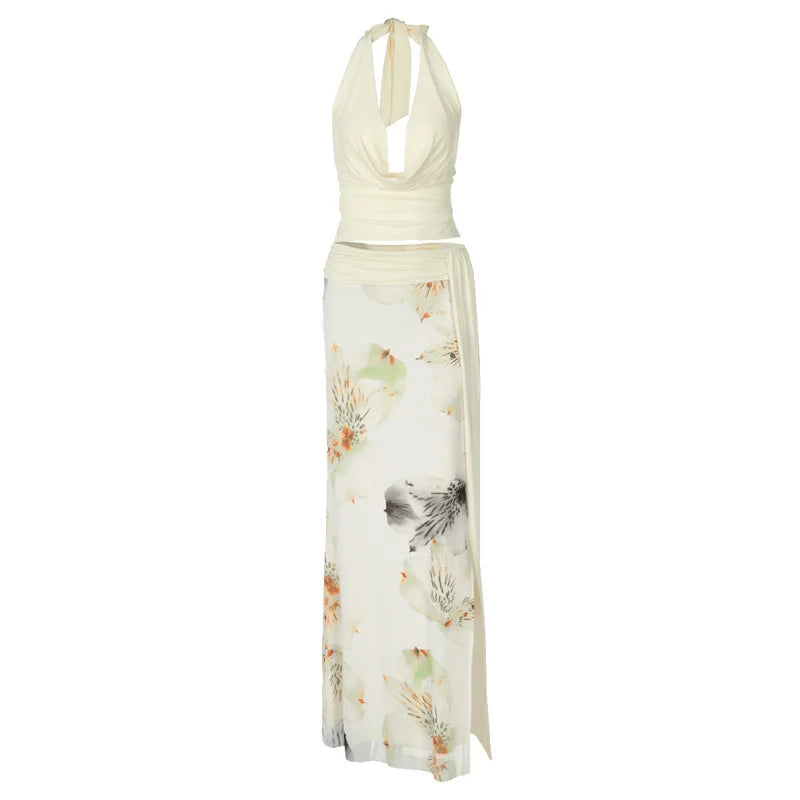 Mesh Print Skirt Two Piece Sets Women Halter Backless Tank Tops And Maxi Skirt Female Slim Summer Split Dress Sets