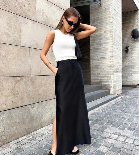 Black Loose Long Skirts Women A-Line Zip Skirts Ladies Elegant Summer Skirts Female With Pocket Ankle-Length Skirts