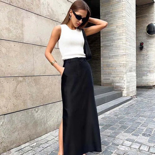 Load image into Gallery viewer, Black Loose Long Skirts Women A-Line Zip Skirts Ladies Elegant Summer Skirts Female With Pocket Ankle-Length Skirts
