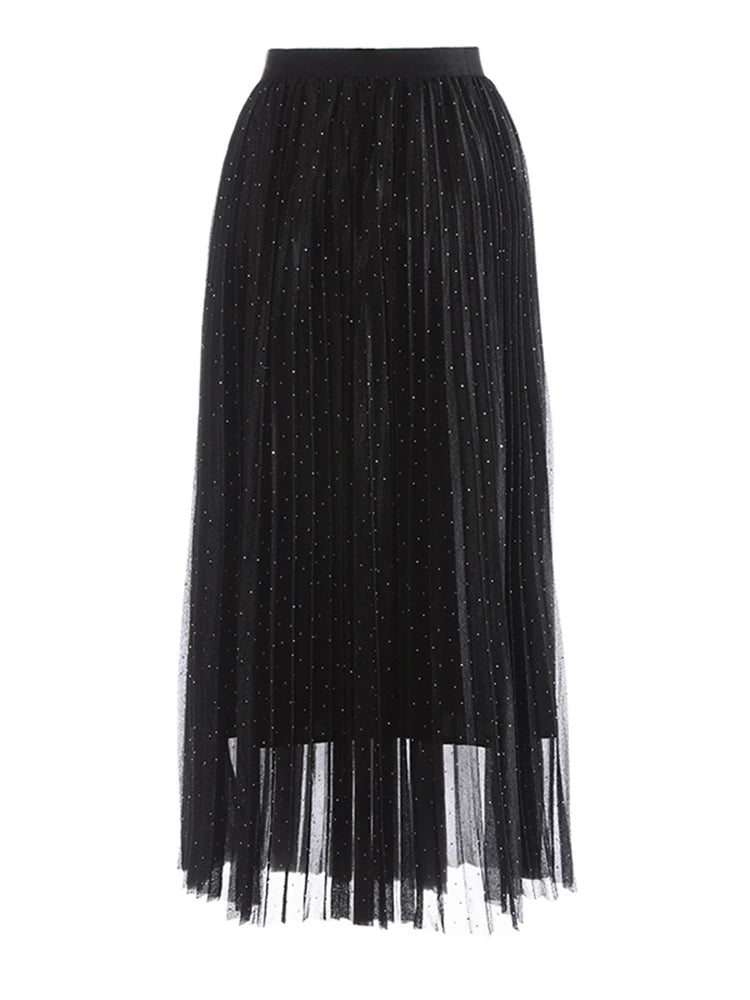 High Elastic Waist Black Pleated Rhinestones Shining Half-body Skirt Women Fashion Tide New Spring Autumn 2025 1DJ1271