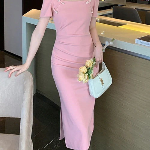 Load image into Gallery viewer, Summer Solid Color Slim Waist Fashion Female Dress Chinese Style Square Neck Pleated Tight Hip Chic Buttons Women Dresses
