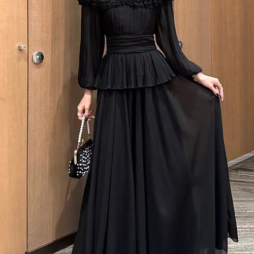 Load image into Gallery viewer, Solid Spliced Ruffles Loose Dresses For Women O Neck Long Sleeve High Waist Temperament Long Dress Female Fashion
