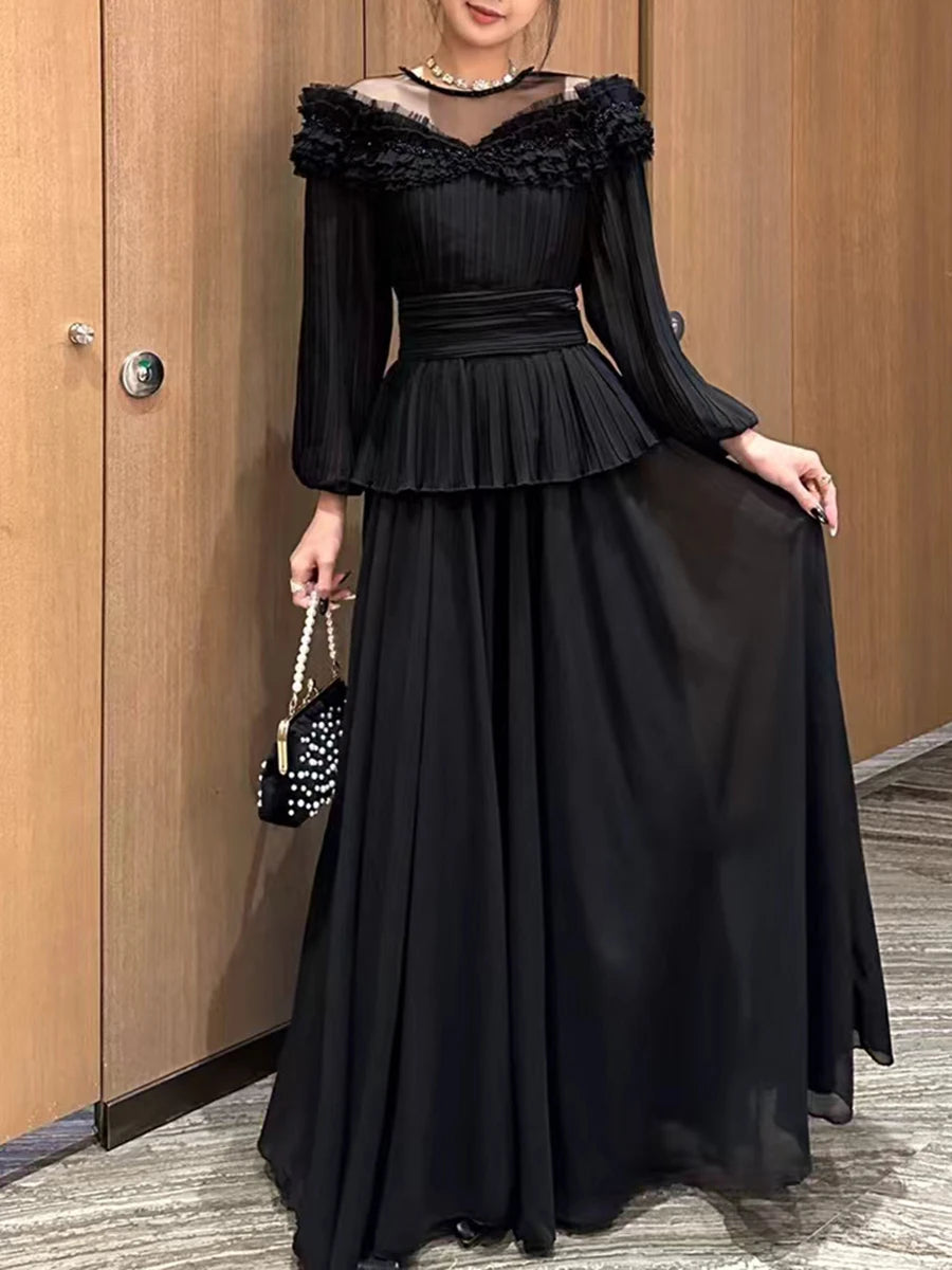 Solid Spliced Ruffles Loose Dresses For Women O Neck Long Sleeve High Waist Temperament Long Dress Female Fashion