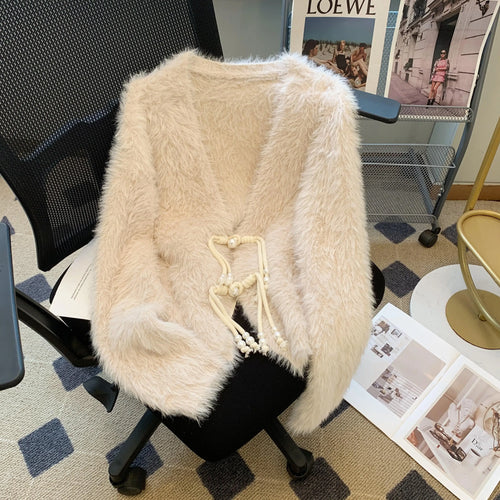 Load image into Gallery viewer, Autumn Winter Chinese Style White V Neck Elegant Knitted Cardigan Tops Women Beige Single Breasted Long Sleeve Mink Sweater Chic
