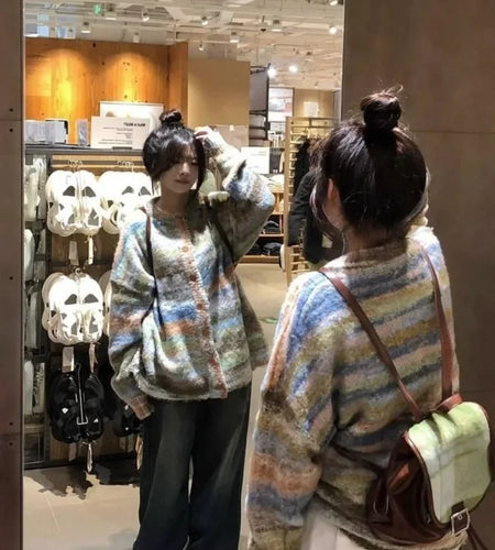 Women Fashion Sweet Y2k Aesthetic Coats Vintage Harajuku Contrast Color Sweaters Loose All Match New Grunge Cardigans Japanese