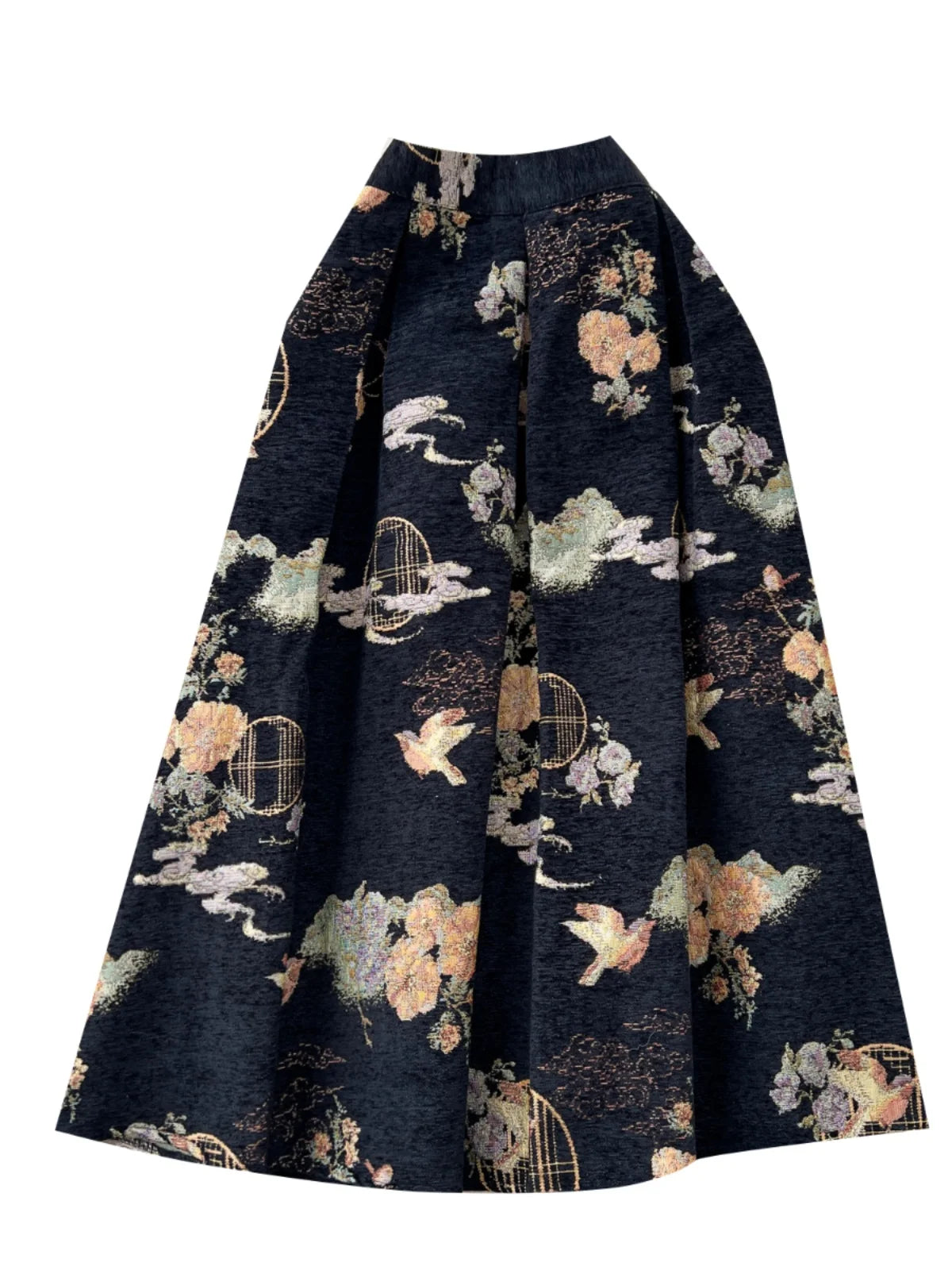 French Retro Women Fashion Bohemian Black Floral Elegant Party Long Skirt Streetwear Autumn Winter High Waist Pleated Skirt Chic
