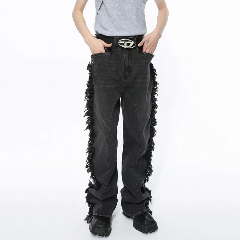 Men's Jeans High Street Autumn Personalized Ragged Edge Splicing Denim Pants Niche Design Male Trousers 9C5093