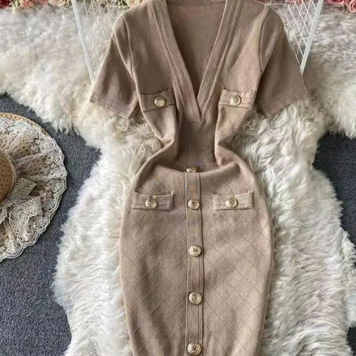 Load image into Gallery viewer, Women 2024 Solid Deep V-neck Short-sleeved Elegant A-line Dress Spring Summer Single Breasted Office Knit Wrap Hip Short Dresses

