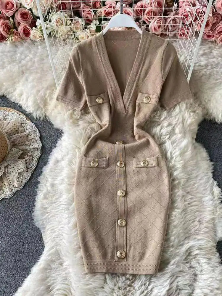 Women 2024 Solid Deep V-neck Short-sleeved Elegant A-line Dress Spring Summer Single Breasted Office Knit Wrap Hip Short Dresses