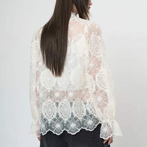 Load image into Gallery viewer, Women Apricot Lace Perspective Elegant T-shirt New Stand Collar Long Sleeve Fashion Tide Spring Autumn 2025 1DH9585
