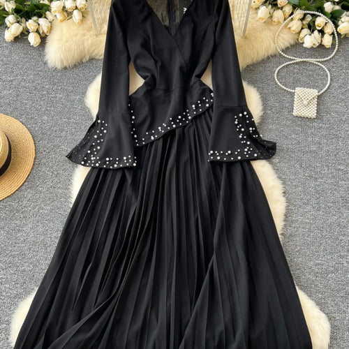 Load image into Gallery viewer, Black Slim High Waist V-neck Long Sleeved Bead Dress For Women 2024 Autumn French New Zipper Pleated Evening Party Dress Fashion
