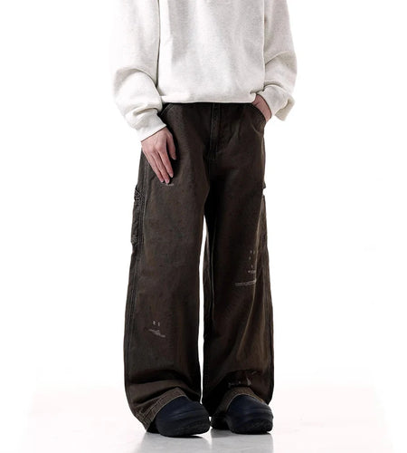 Men's Jeans New American Style Splashed Ink Denim Pants Male Solid Color Straight Wide Leg Trendy Male Trousers 9W1949