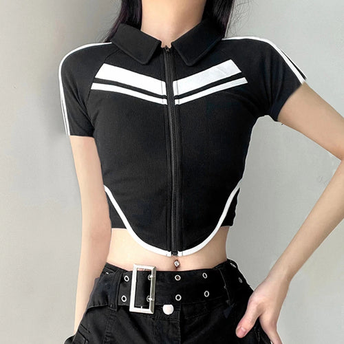 Load image into Gallery viewer, Streetwear Biker Style Zipper Summer T shirts Women Stripe Patchwork Fitness Cropped Tops Contrast Color Harajuku Tee
