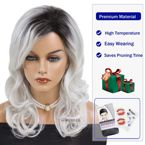 Load image into Gallery viewer, Synthetic Wigs for Women Long Curly Wavy Wig Ombre Silver Grey Wigs with Dark Roots Body Wave Wig Natural Hairstyles Mommy Wig
